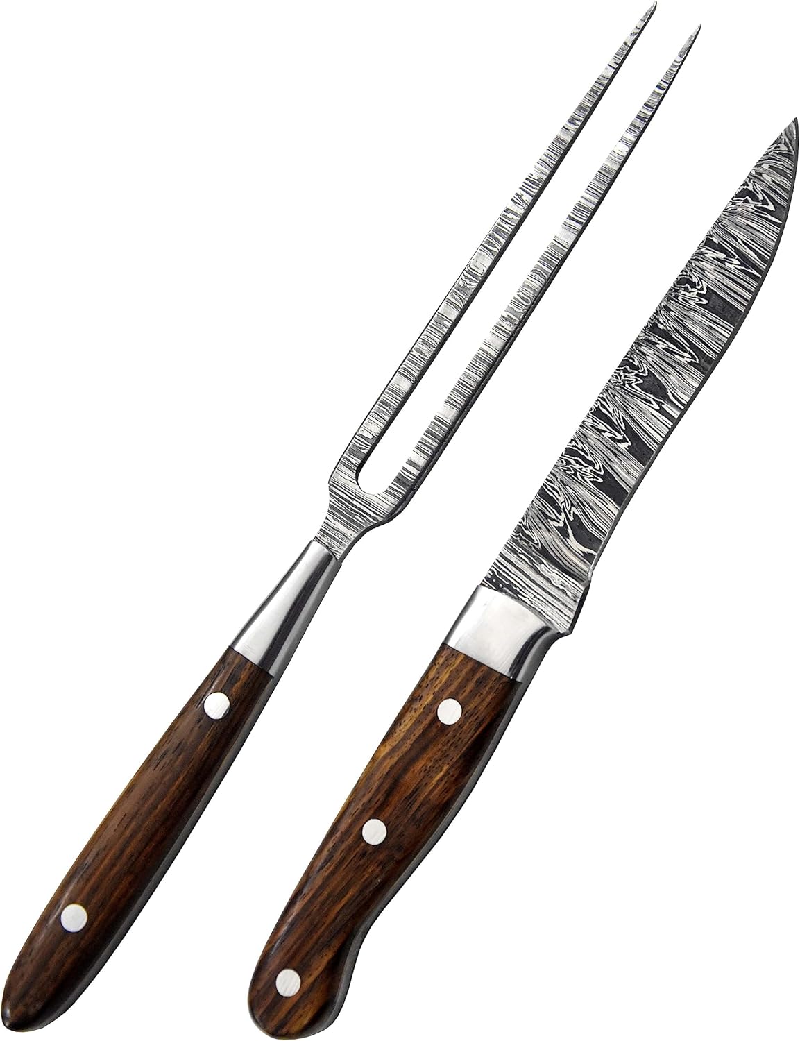 Premium Handcrafted Fork and Steak Knife Set Damascus Steel Carving Set Walnut Handles Elegant Dining Knives Set