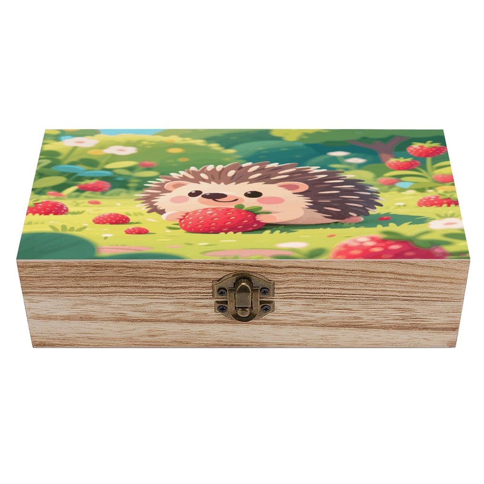 VstaDank Hedgehog Eating Strawberries Wooden Box Sturdy Vintage Storage Box with Hinged Lid Exquisite Wood Keepsake Boxes Large Jewelry Case Cute Trinket Holder Unique Gift for Men & Women