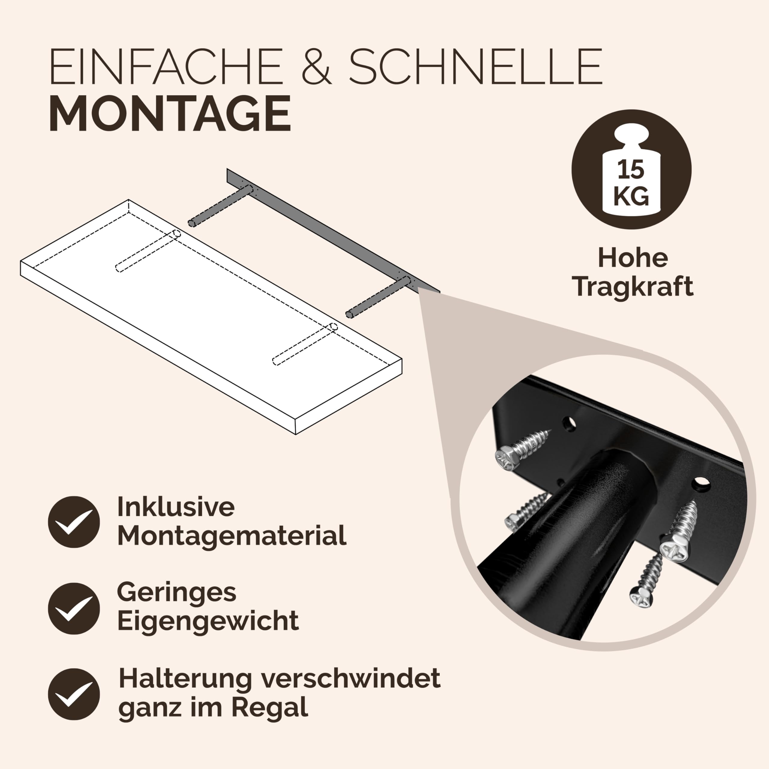 Casaria® 2X Wandregal Holz Dunkle Eiche Regal mit Halterung 15kg Tragkraft Hängeregal Küche Wohnzimmer Flur Wand Schweberegal Bücherregal Regalbrett Schwebend 90cm