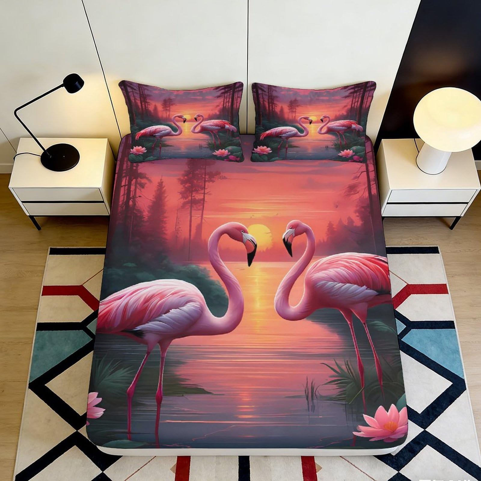 3D Printed Flamingo Sunset Fitted Sheet Microfiber Soft Breathable Romantic Lake Bed Cover for Bedroom Dormitory Guest Room Mattress Protection Decor 140x200x25cm