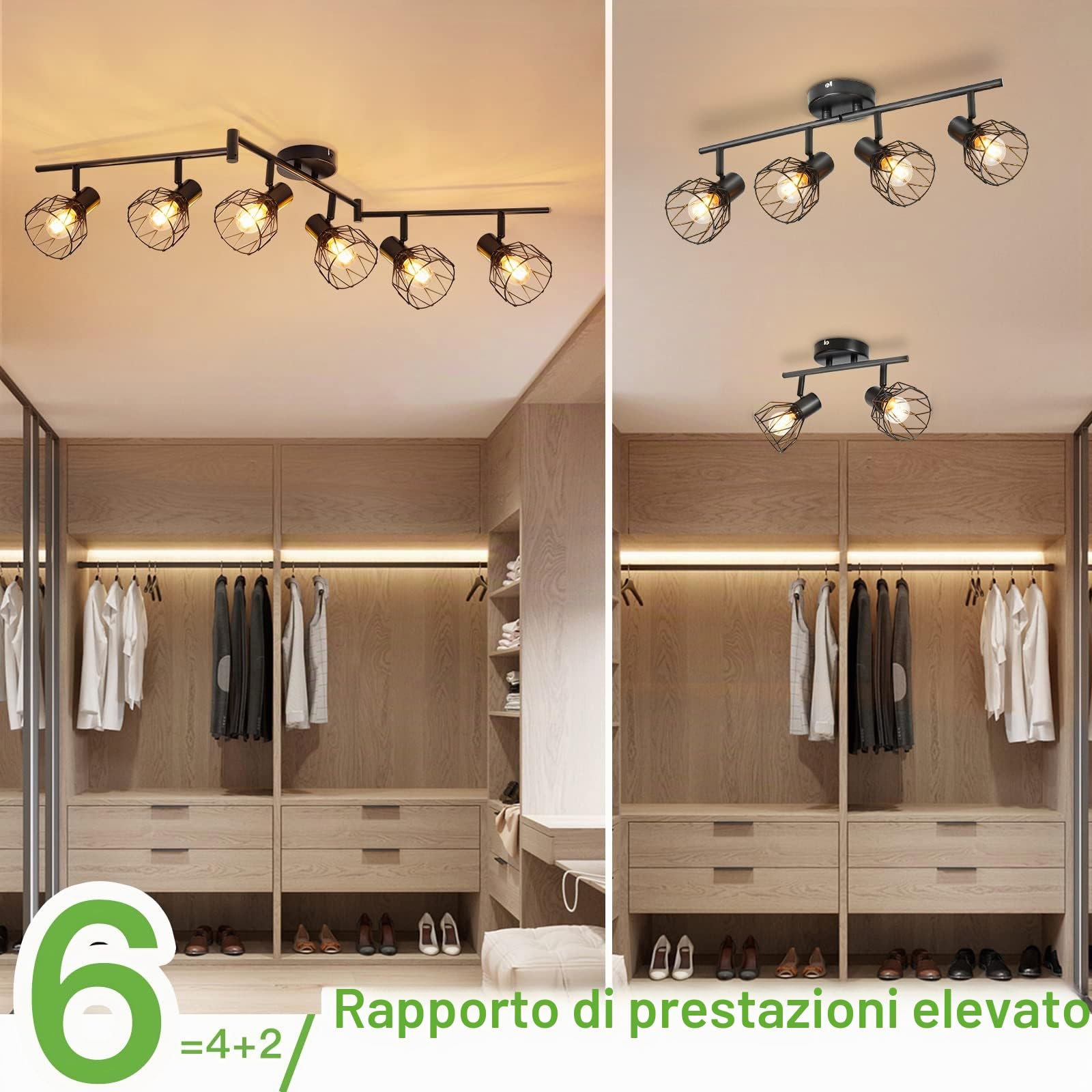 Kimjo Plafoniera a LED 6 faretti orientabili, faretto da soffitto nero, lampada da soffitto, cucina, E14, plafoniera da soffitto, illuminazione da soffitto a LED, retrò applique da soffitto per