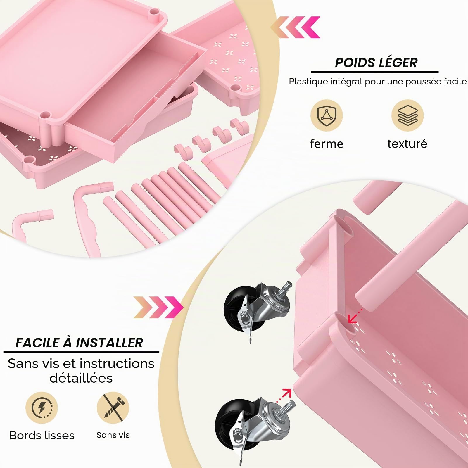 Yeabett Chariot de rangement à 3 niveaux, chariot utilitaire sur roulettes avec tiroir pour cuisine, salle de bain, bureau, salon, rose