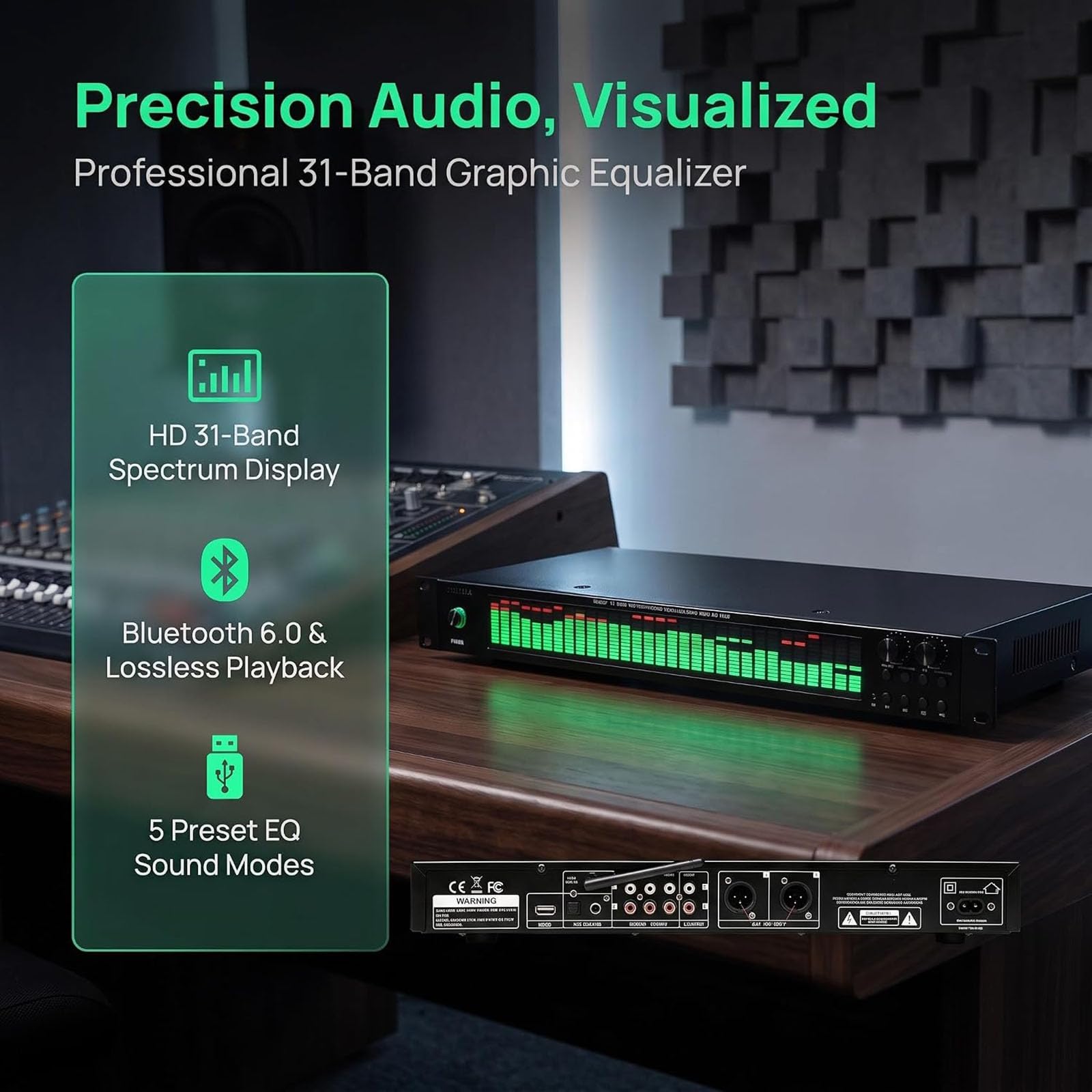 Ecualizador Digital De 31 Bandas, Ecualizador De Audio Doméstico, Analizador De Espectro Musical, Montaje En Rack De 1u, con Bluetooth 6.0, 5 Efectos De Ecualización Preestablecidos