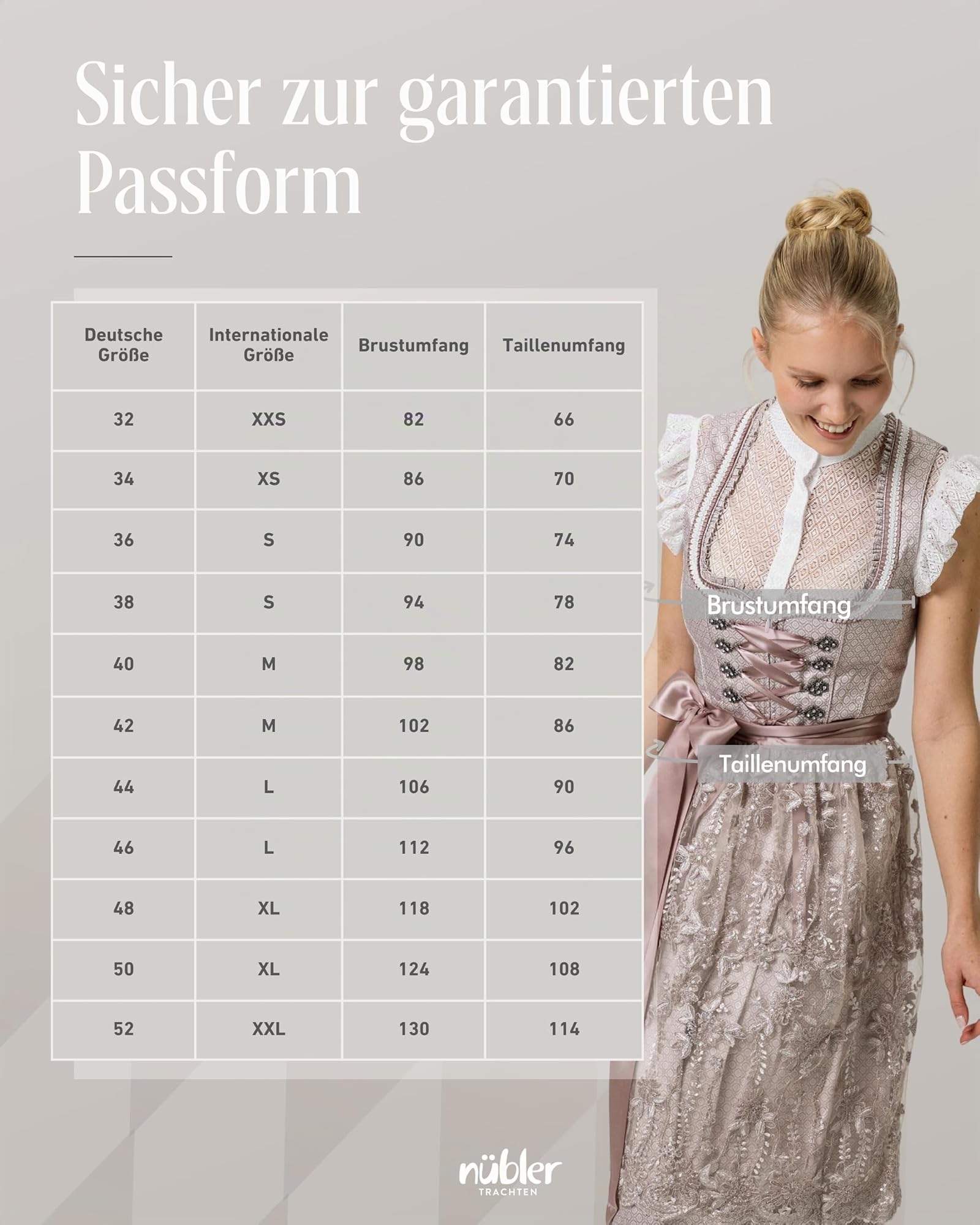 Nübler Damen Dirndl Tessa I Größen 30-48 I Midi-Dirndl mit Rocklänge 65 cm & passender Schürze I Festliches Trachtenkleid mit modernem Schnitt & dezenten Details I Ideal für Trachten & Festlichkeiten