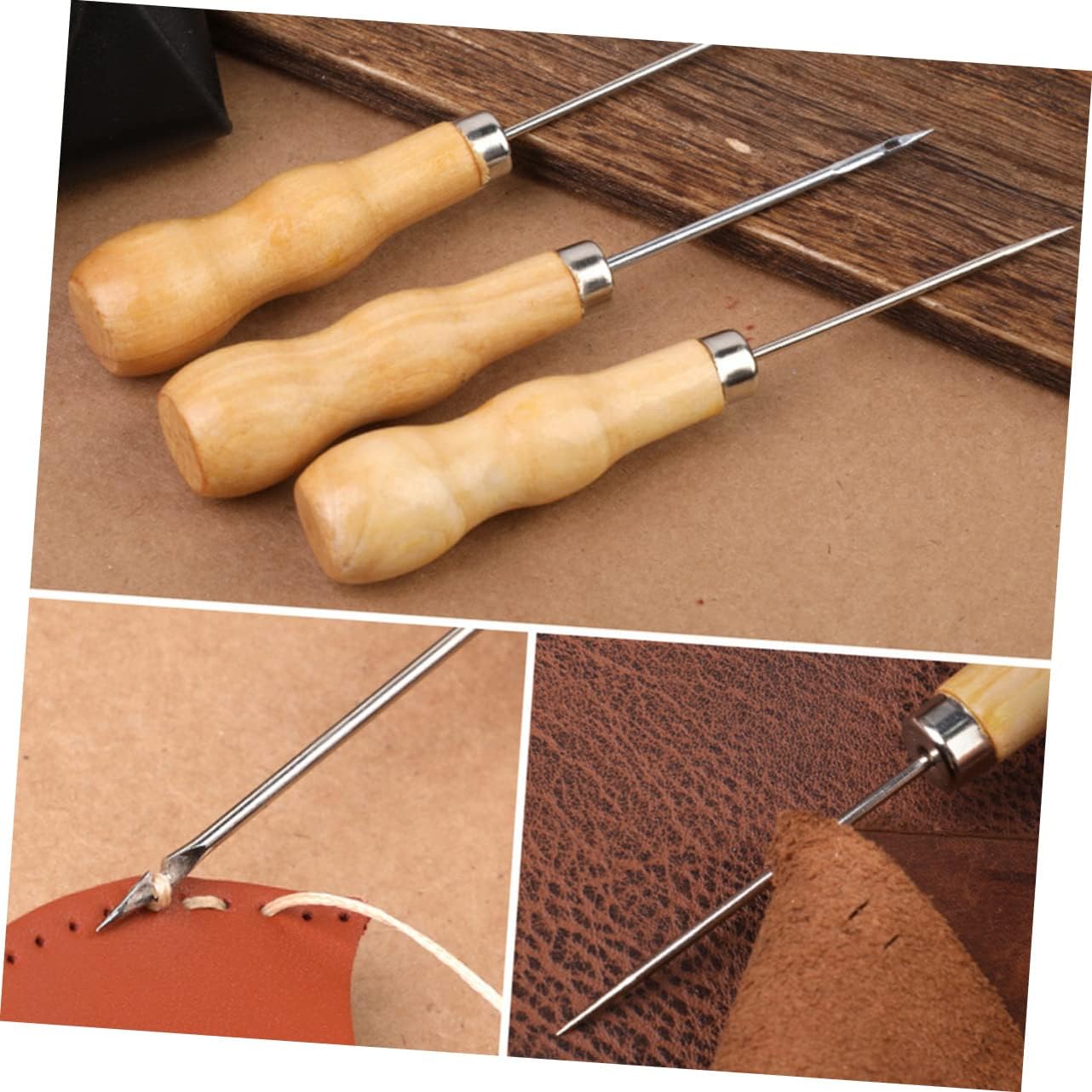 TOPPERFUN 3pcs Handmade Leather Stitching Tools Wooden Handle DIY Sewing Awls for Leather Craft Punching Tools