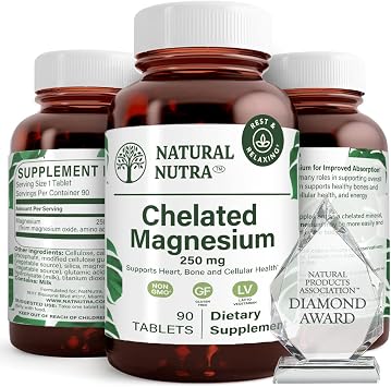Natural Nutra Chelated Magnesium Oxide 250mg- High Absorption for Strong Bones, Heart Health, Improves Dental Health, Energy Boost, Gluten-Free, Non-GMO, 90Tablets in BPA-Free Recyclable Glass Bottles