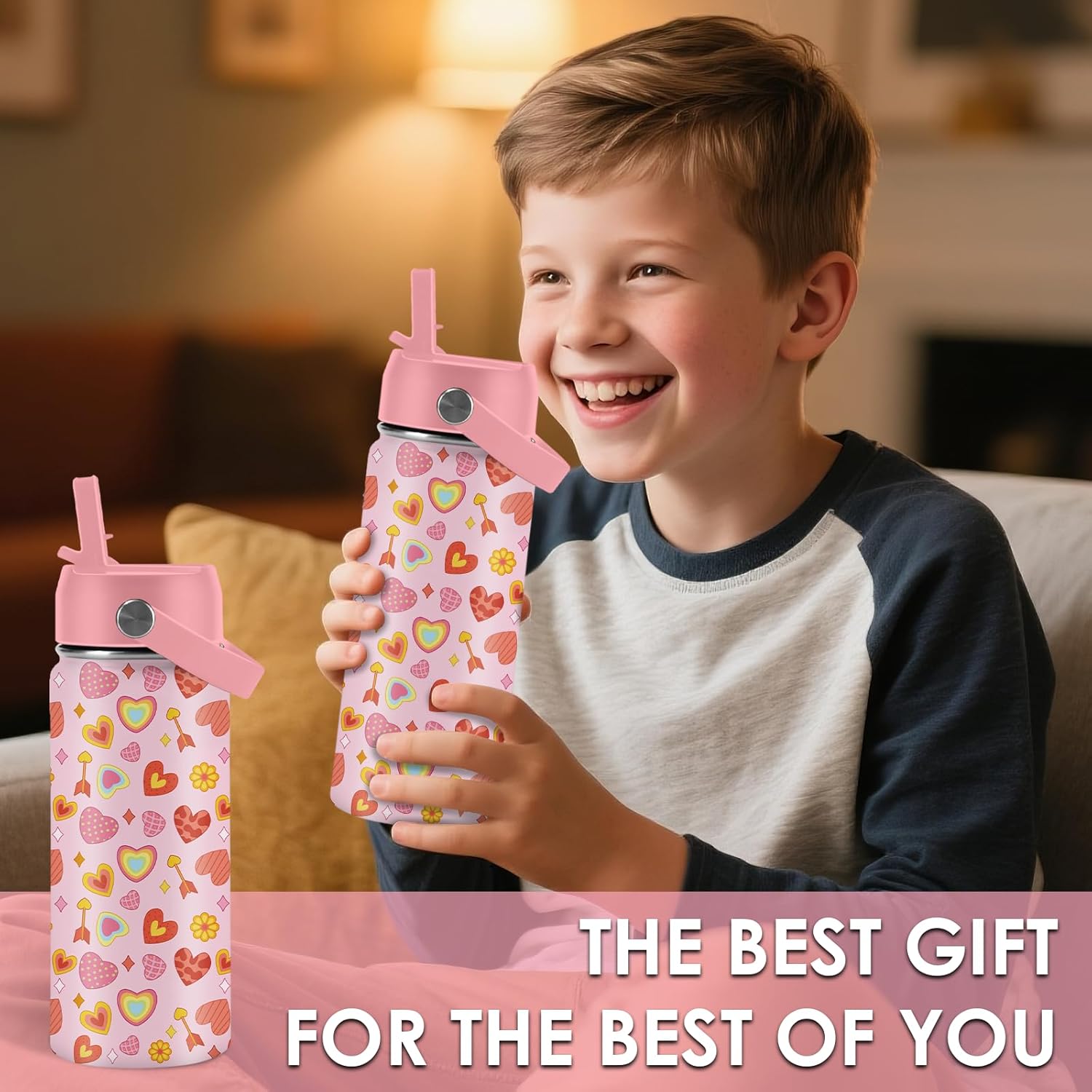 Heart Gifts for Kids - 16 Oz Kids Water Bottle with Straw Lid, Stainless Steel Insulated Tumbler, Leak Proof, BPA-Free, for Girls, School, Travel - Heart Pattern Children Birthday Gifts Cups(1pc) - Image 8