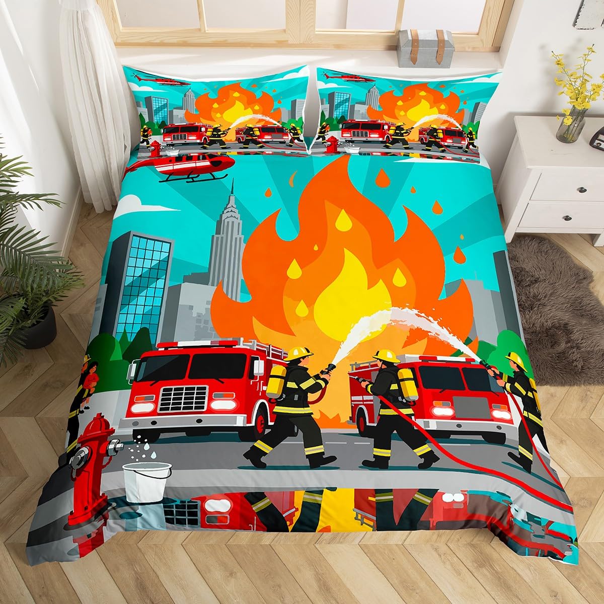 Parure de lit enfant pompiers 135 x 200 cm, le cadeau parfait pour fille et garçon