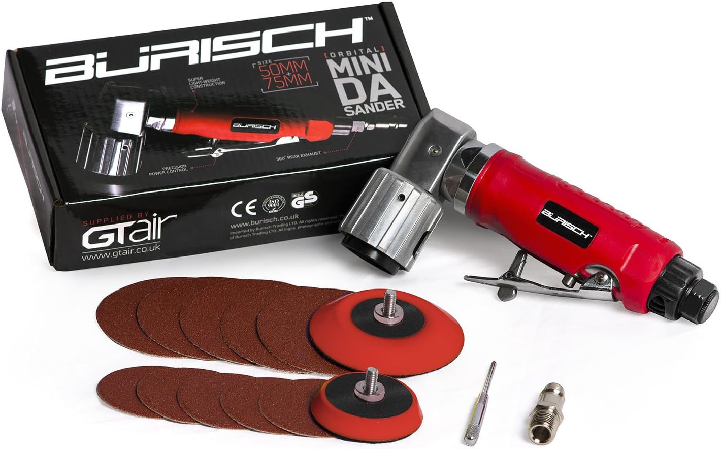 Burisch Mini DA Action Air Sander - 75mm + 2 Pads and 10 Sanding Discs