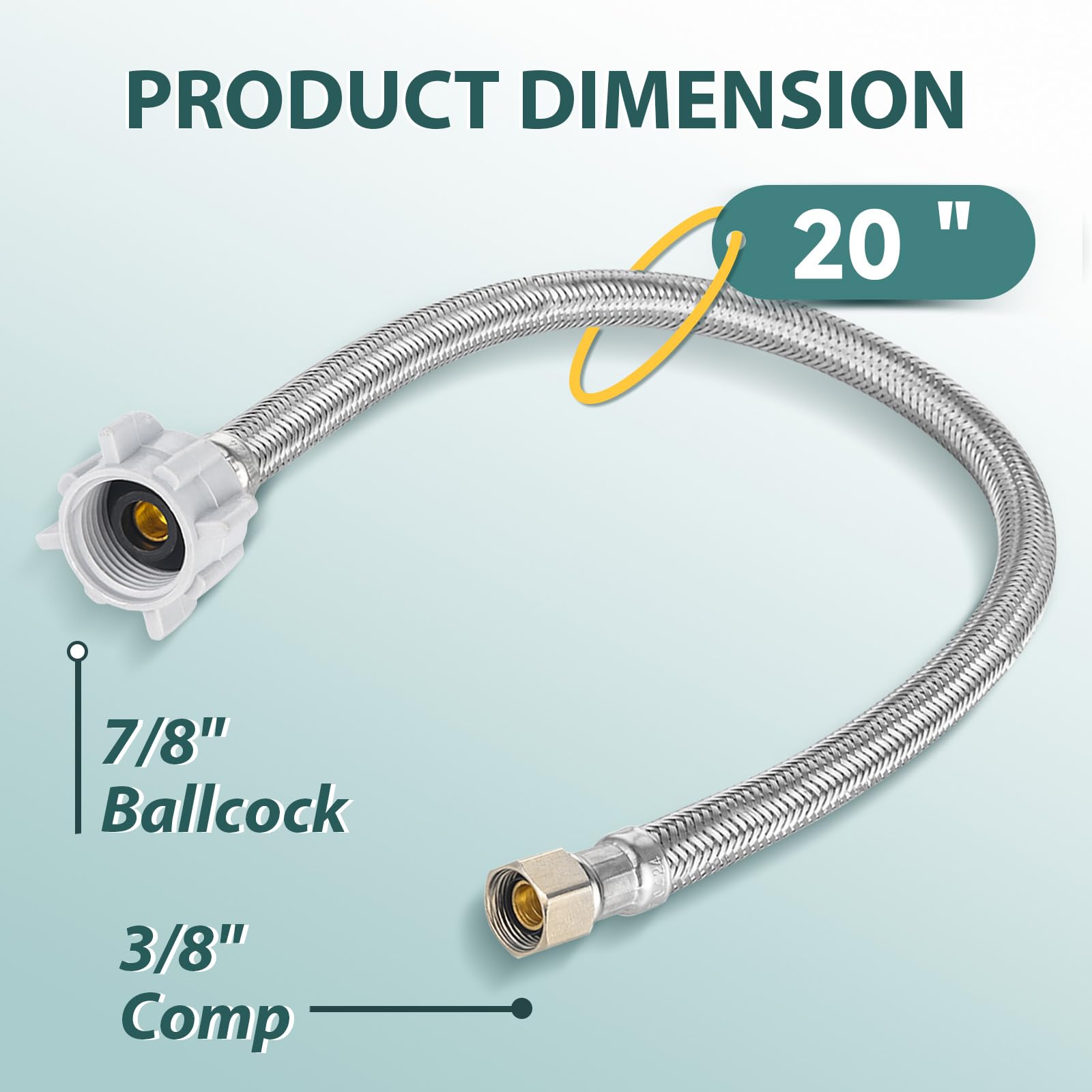Paquete de 10 mangueras de inodoro trenzadas de acero inoxidable, 3/8 pulgadas Comp x 7/8 pulgadas, línea de suministro de conector de inodoro de 20 pulgadas de longitud