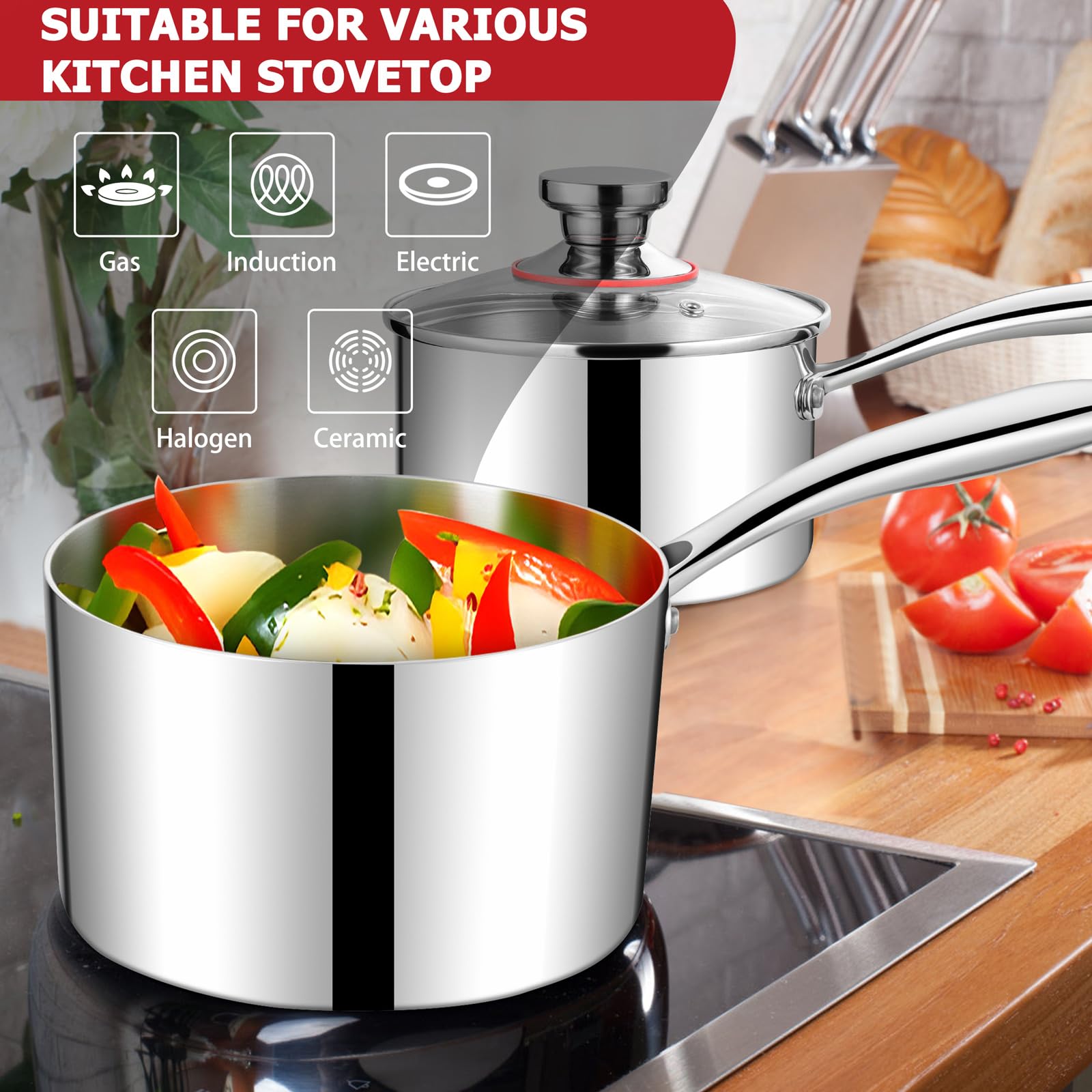 HaWare 2.5L Saucepan with Lid, 18cm Stainless Steel Tri-Ply Sauce Milk Pan with Ergonomic Handle - Image 4