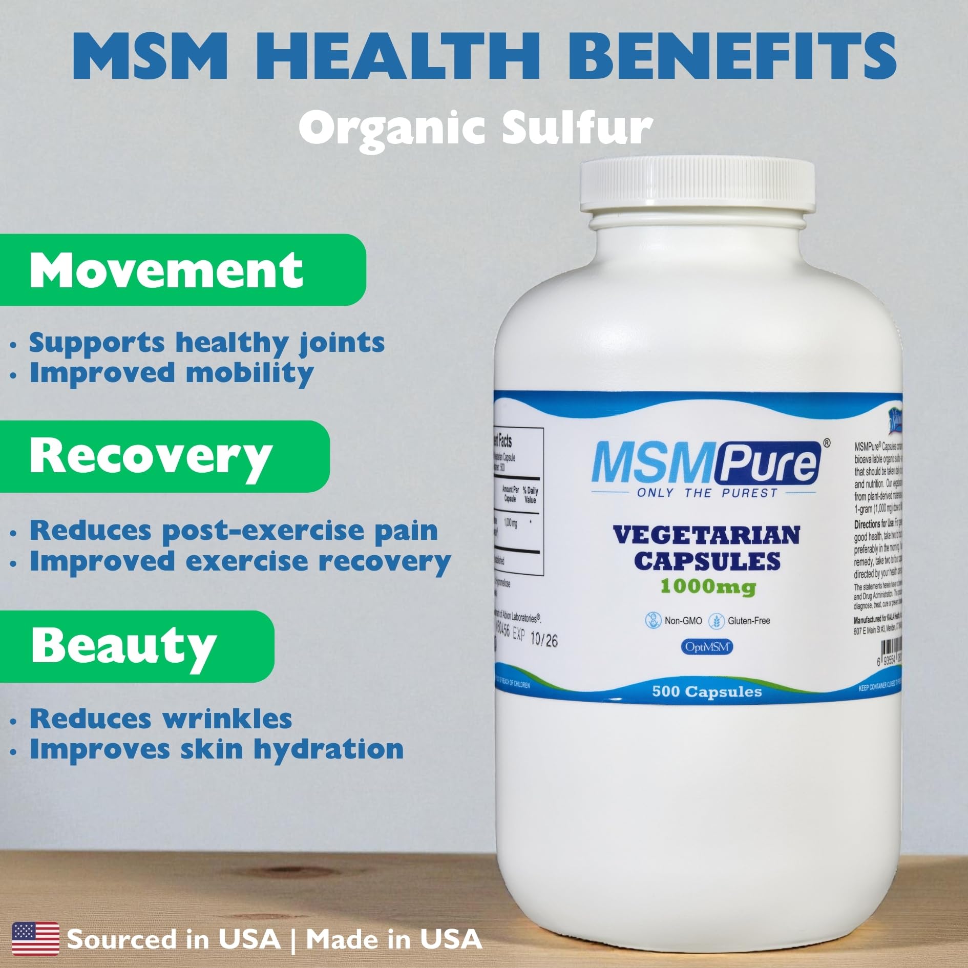 KALA HEALTH MSMPure MSM Vegetarian Capsules, 1000mg, 500 Count — Amazon image 2