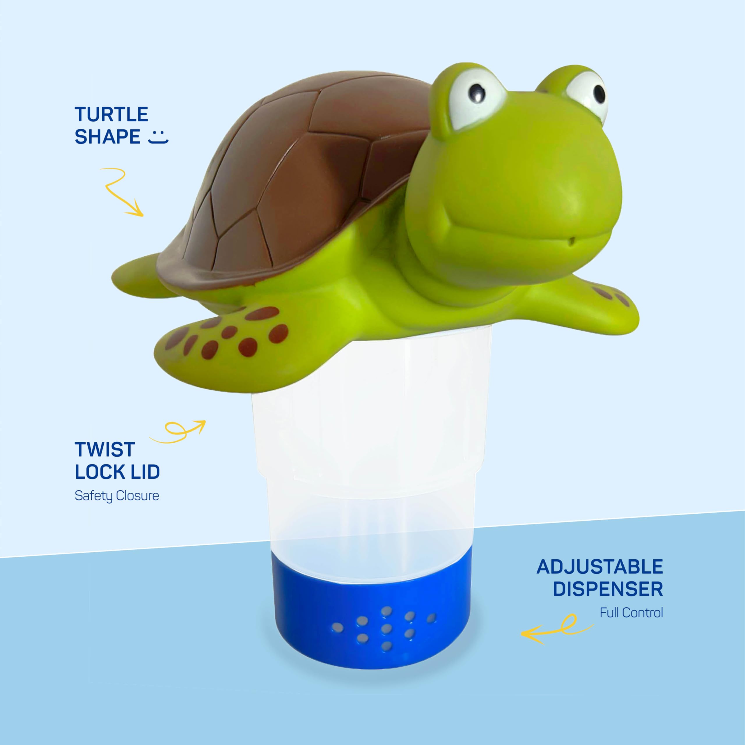 Dispensador de cloro flotante en forma de tortuga para piscinas, se adapta a tabletas de 3 pulgadas, flotador de cloro para piscina con rejillas de ventilación de flujo ajustables, dispensador de