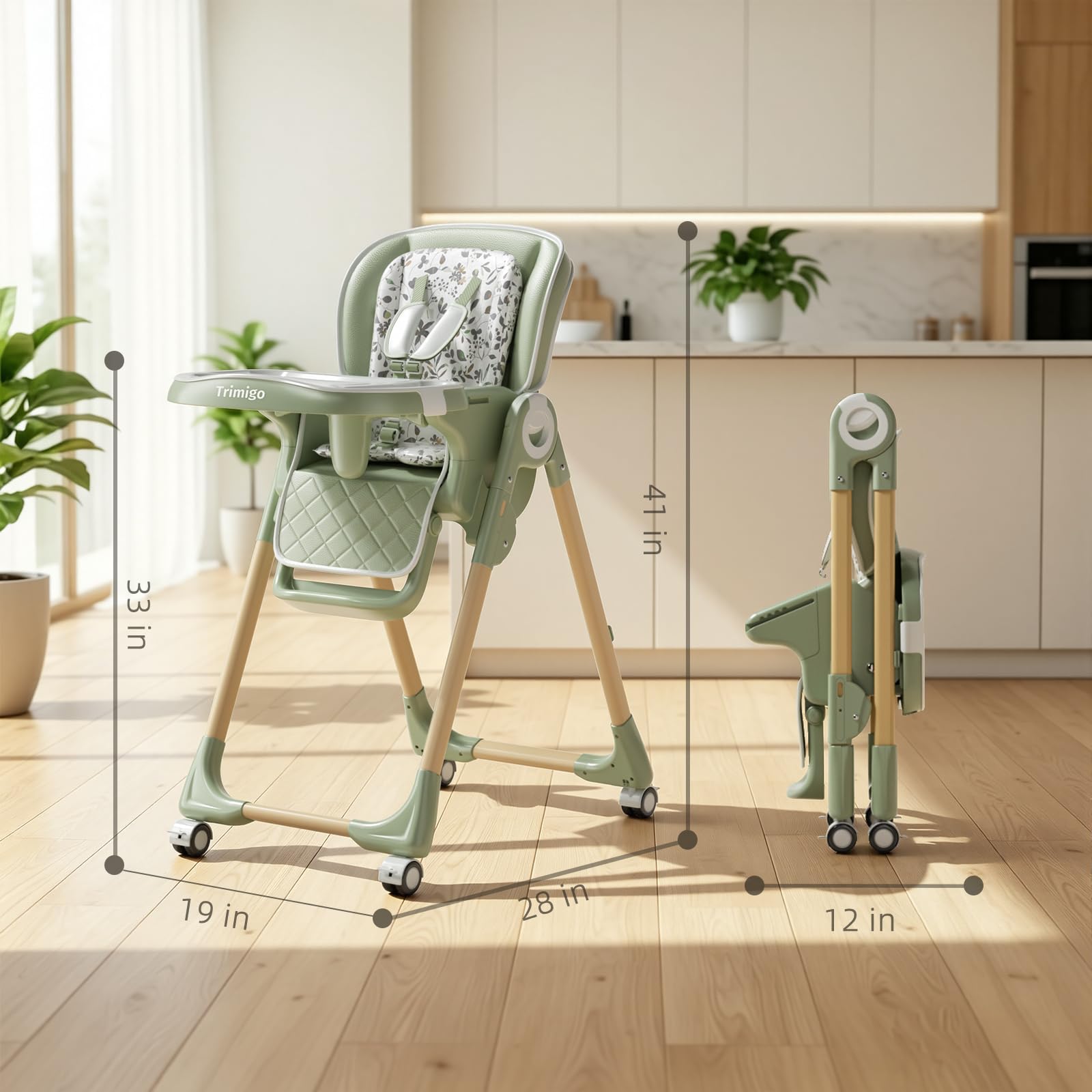 Chaise Haute Bébé Évolutive 0-3 Ans, Pliable, 7 Positions Hauteur, 3 Réglages Plateau, Dossier Inclinable 4 Positions, Plateau double couche amovible, Assise en Similicuir (Vert sauge)