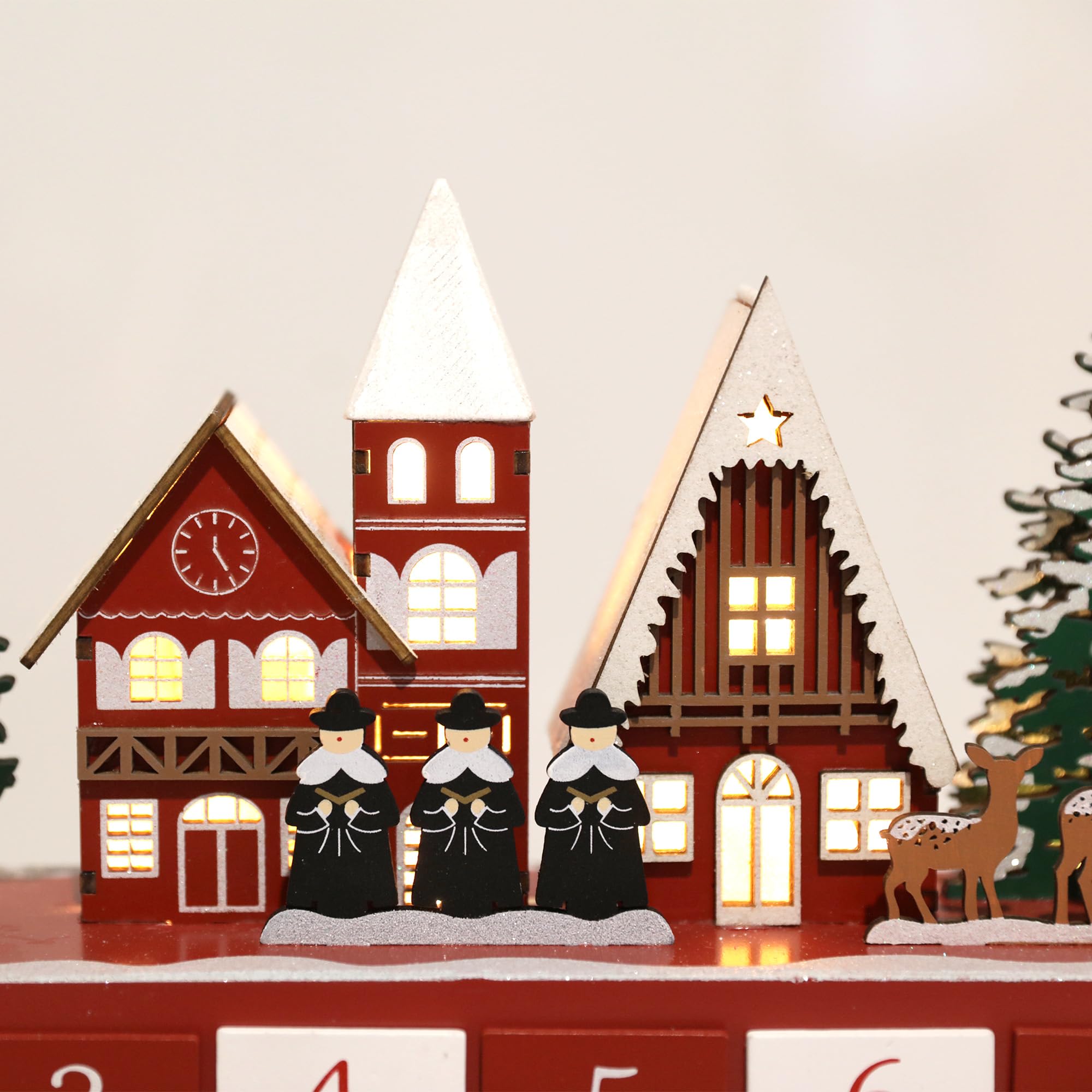 PE Handgefertigter Holz Adventskalender mit 24 Schubladen - Beleuchteter Weihnachtskalender mit Dorf Szene - Weihnachtsdeko zum Befüllen 37,5 x 8 x 27,3 cm