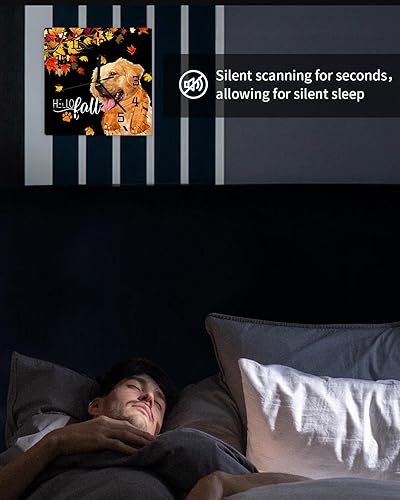 Miniatura 6 de Reloj de pared de madera con texto en inglés Hello Fall, silencioso, sin tictac, bufanda naranja con hoja de arce, color negro, cuadrado, funciona