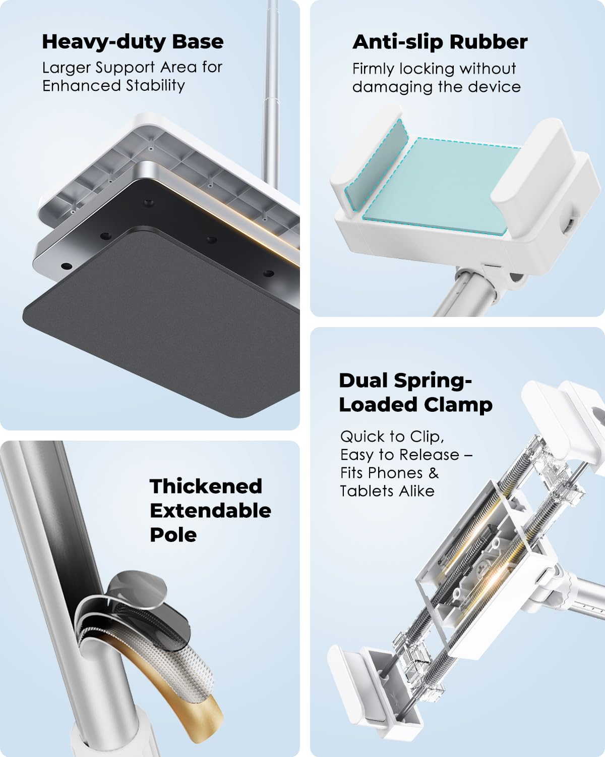 Viozon Tablet-Bodenständer, Höhe & Winkel verstellbar mit Arm aus Aluminiumlegierung, 360° drehbar, ideal für Bett, Sofa oder Nachttisch, kompatibel mit 3,5-11 Zoll iPad Pro/Air/Mini, iPhone 15/14