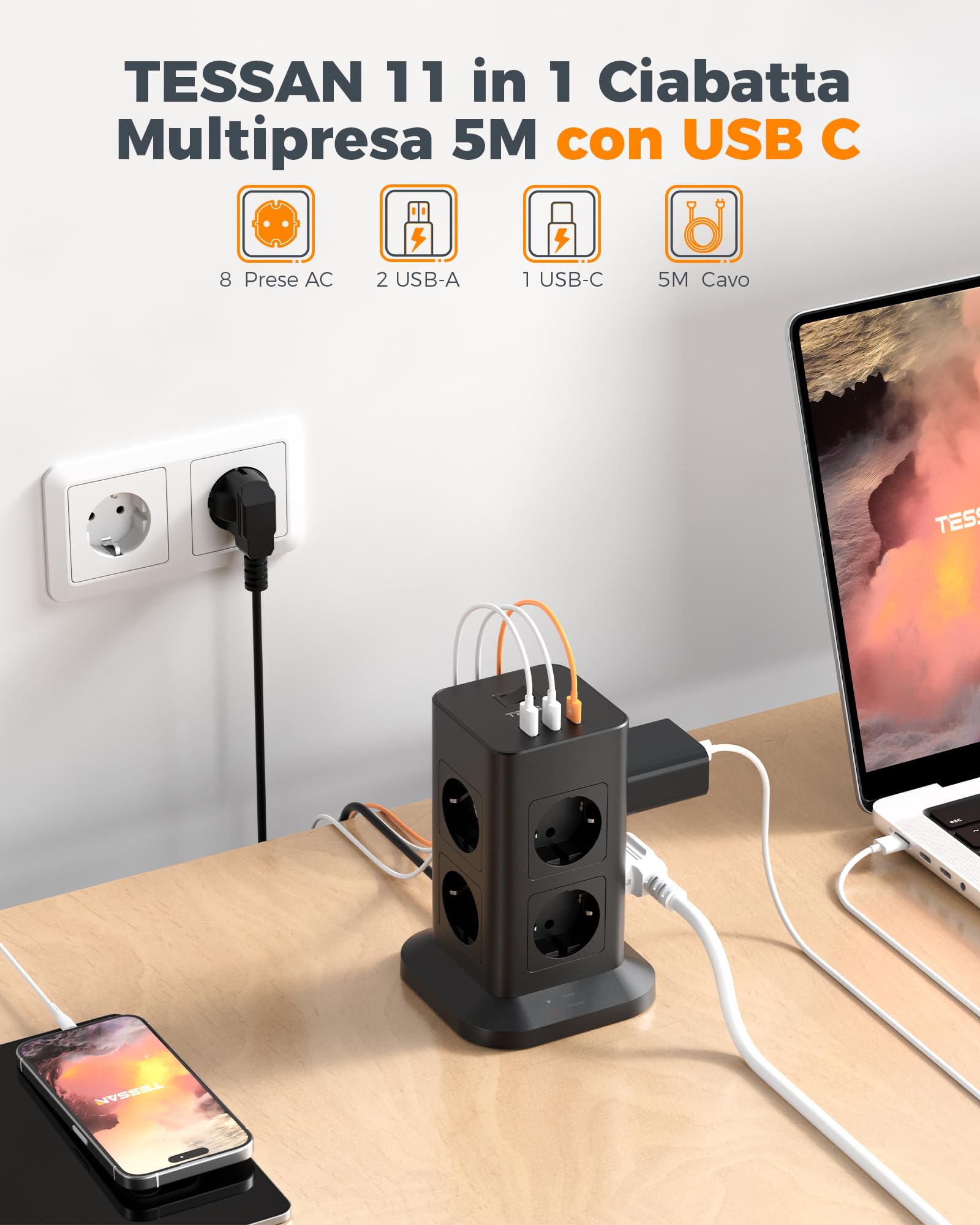 TESSAN 8 Prese Ciabatta Multipresa con USB, Multipresa Elettrica con Prolunga Elettrica 5 Metri, Multipresa Verticale Protezione Sovratensione, 3600W Ciabatta Elettrica con Interruttore, Nera