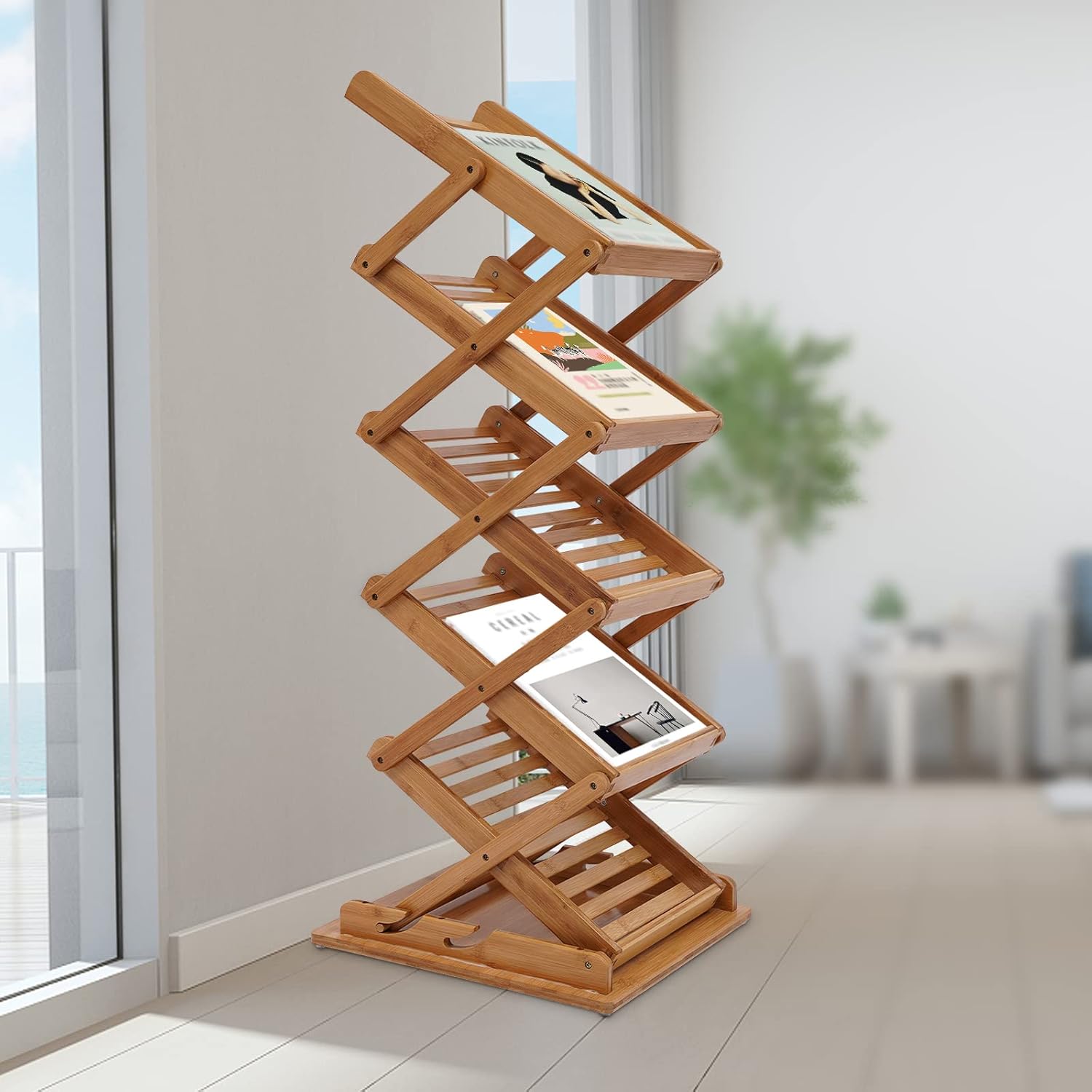 5-Tier Bamboo Folding Magazine Rack with Height Adjustable 2 Slots, Foldable Magazine Rack, Load-bearing 5kg/11.02lbs per Layer, Portable Pop-up Display Stand, for Trade Shows, Office
