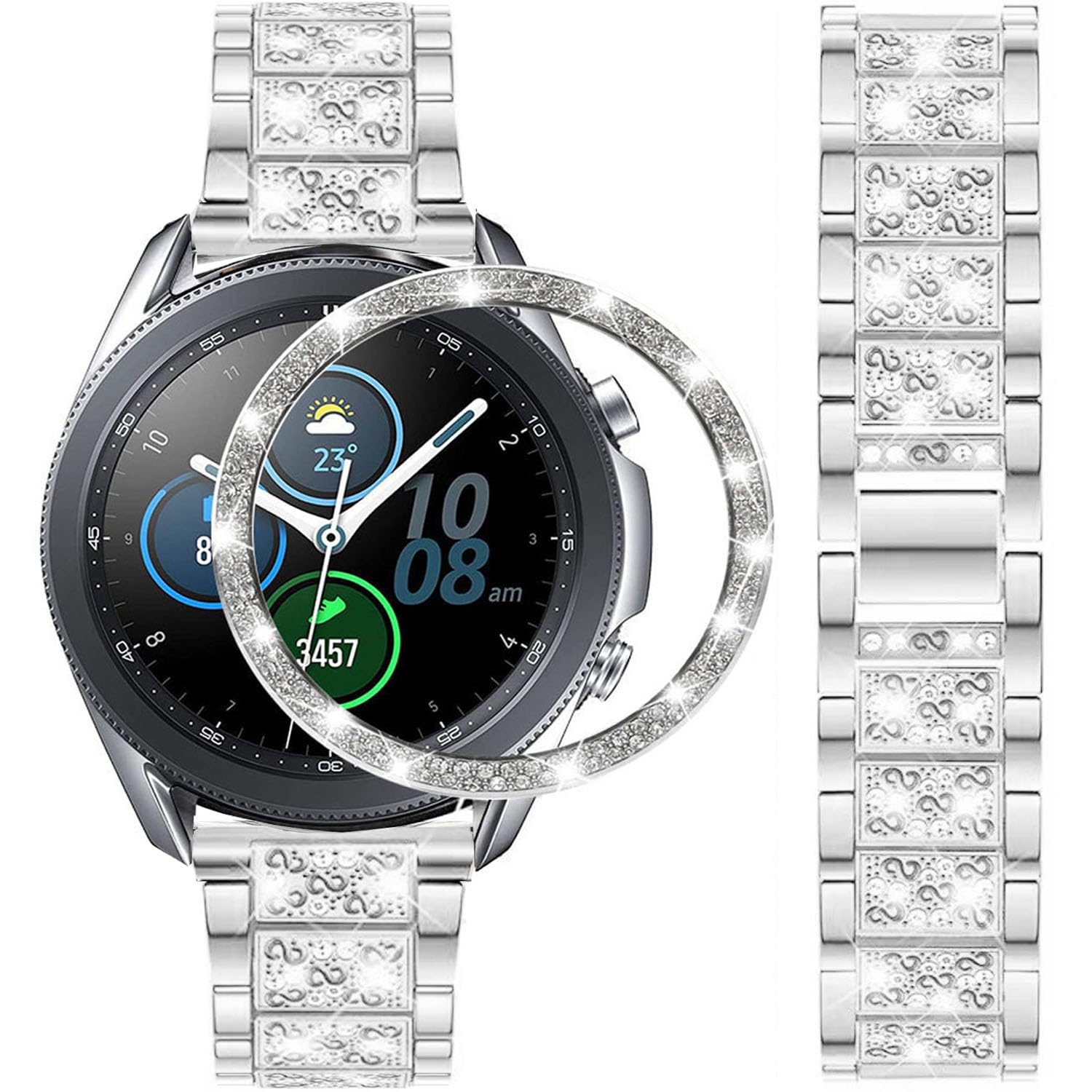Dealele Cinturino Compatibile Con Samsung Galaxy Watch 3 (41Mm), Bracciale In Acciaio Inossidabile Diamante Strass Da 20Mm Con Cassa Anello Castone, Argento-image
