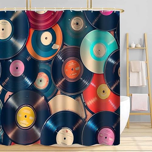YLOKTP0444 - Cortina de ducha con música retro, 72 x 72 pulgadas, discos musicales, álbum de baño, bañeras, juego de decoración con 12 ganchos