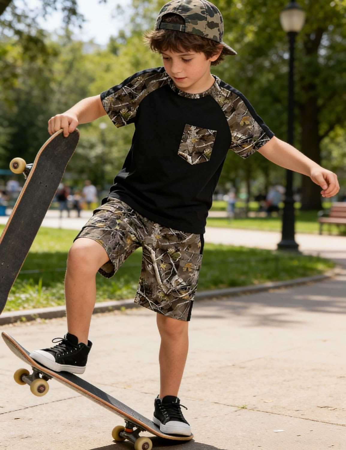 Boys Clothes 2-Piece Summer Outfits Short Sleeve T-shirt and Camouflage Shorts Sets Kids Boys Clothes for 5-14Y