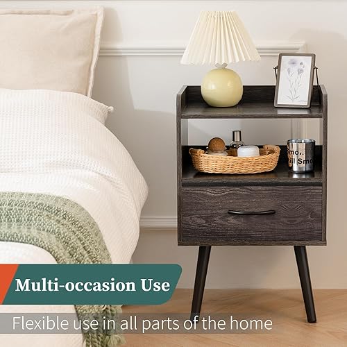 Miniatura 6 de Yoobure Mesita de noche con cajón de tela, mesita de noche moderna, mesitas de noche, mesitas de noche de mediados de siglo con estante de