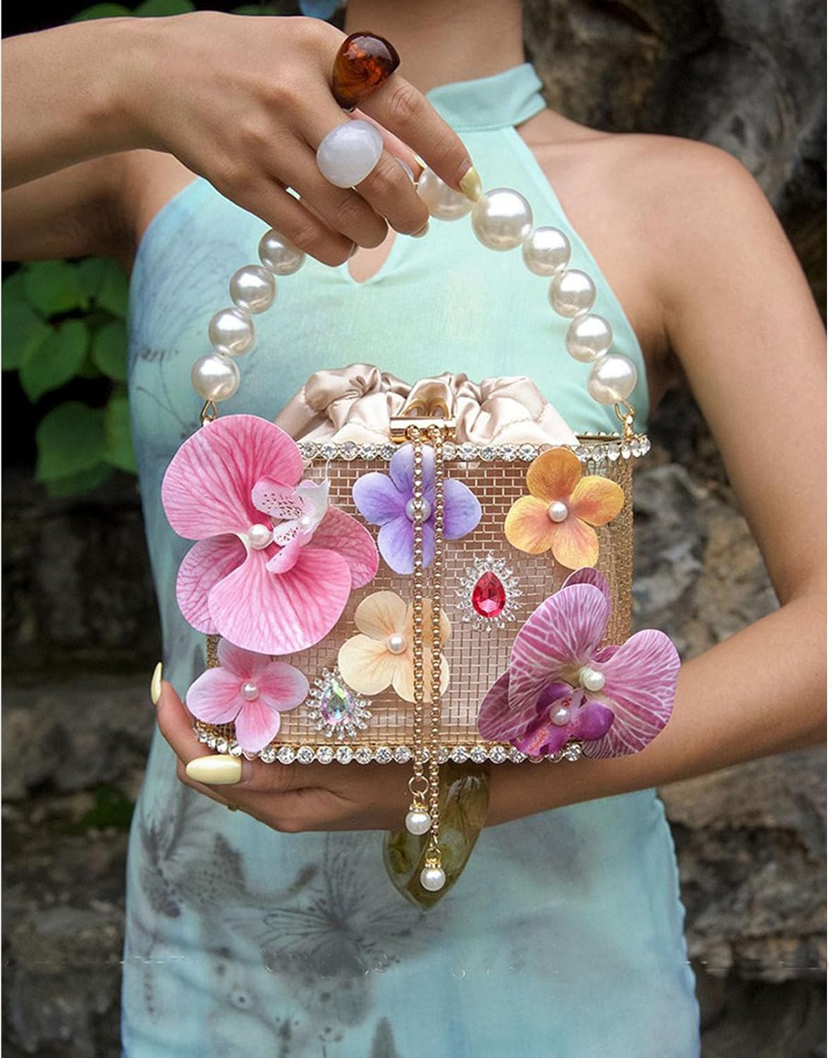 Luxury Women's Party Flower Shaped Rhinestone Gold Evening Metallic Bucket Crossbody bag,Designer Handbags, - Image 7