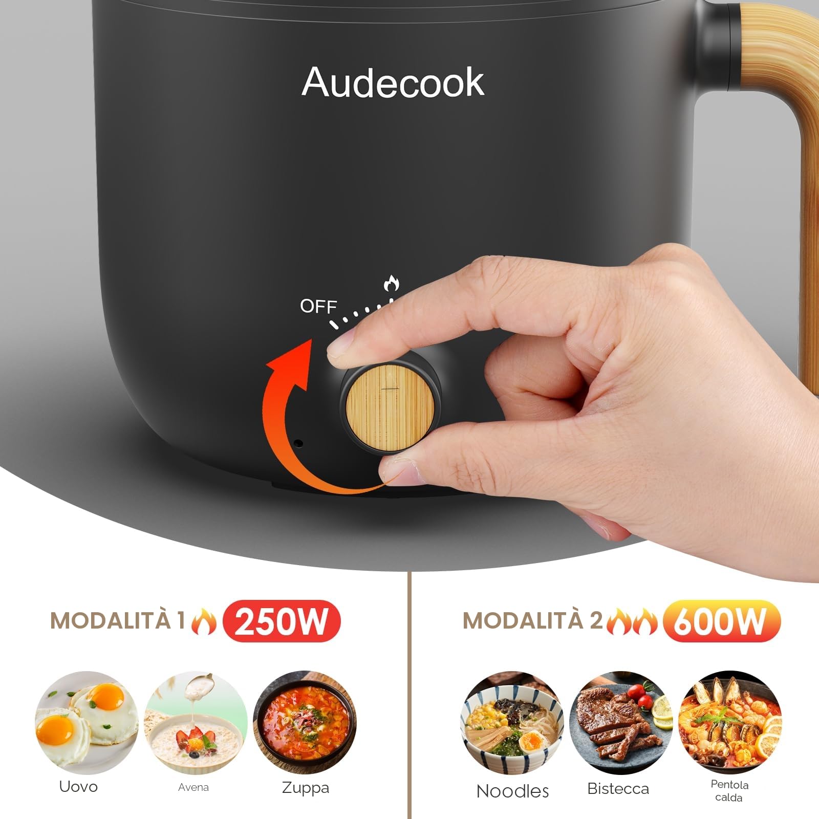 Audecook Hot Pot Elettriche con Vaporetto, 1.5L Portatile Mini Antiaderente Pentola Elettrica, Padella Elettrica Multifunzionale di Doppio Controllo per Pasta/Zuppa/Uova/Bistecca (Nero)