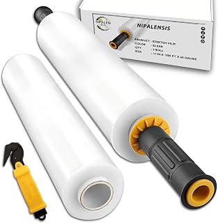 NIPALENSIS 2-Pack Stretch Wrap Roll + Handles + Cutter | Shrink, Cling, Plastic Wrap for Moving | Packing Supplies & Essentials | Furniture & Pallet Wrapping & Heavy Duty | 15" x 2000ft, 60 Gauge Film