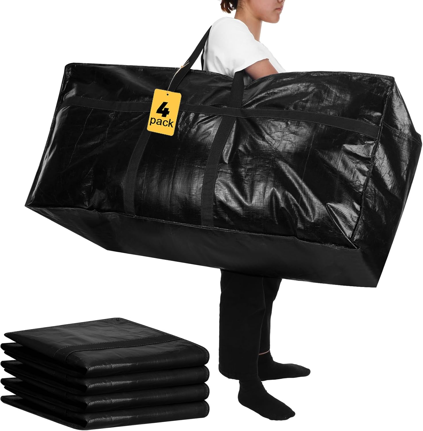4 Pcs 66 Gallon Large Moving Bags with Zipper and Handles Foldable Storage Duffle Bags Heavy Duty Extra Large Totes for College Dorm Travel Clothes Blankets Bedding Moving(Black)