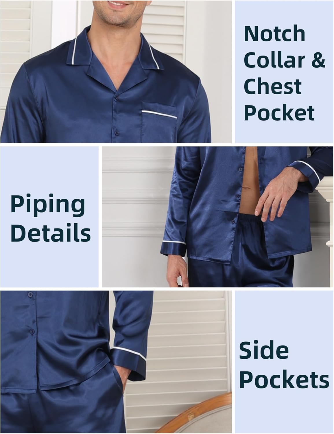 Ekouaer Mens Pajamas Set Silk Satin Pajama Set 2 piece Loungewear Long Sleeve Sleepwear Button-Down Pj with Long Pants S-XXL - Image 6