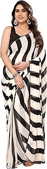 DIVUS Ready to wear Pre draped Prestitched one min readymade Designer Parywear saree with Unstitch Blouse (Black White)