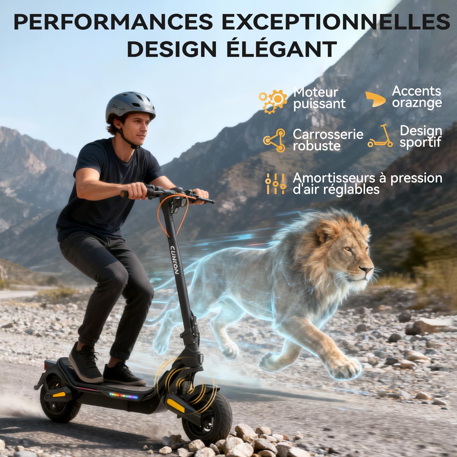 Trotinette Electrique Adulte RS500, Autonomie 55KM Batterie 36V 18Ah Moteur 1000W,Déverrouillage par Empreinte Digitale, Haut-Parleurs HD, Pneu Larges de 88 mm, Bandes Lumineuses colorées-Noir