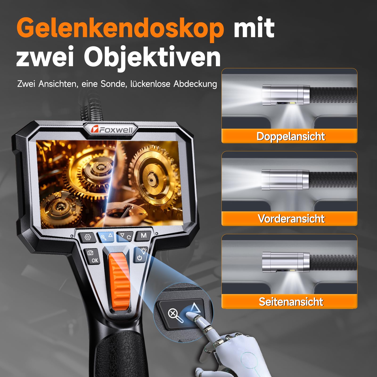 FOXWELL Dual Lens 220° Drehbar Endoskopkamera mit Licht, 3m 1080P Endoskop | IP67 Wasserdichtes Inspektionskamera, 7 LEDs, 32GB Karte, 3m Schwanenhals Endoskopkamera Beweglicher Kopf, 1080P HD Video