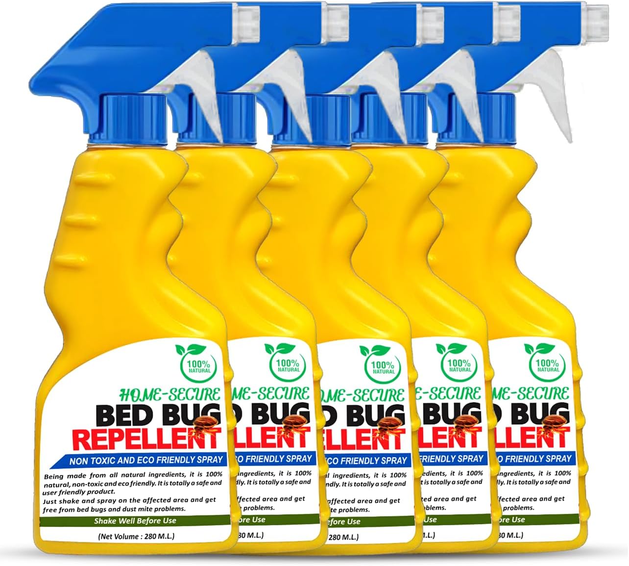 Home-secure Bed Bug Killer Spray| Natural Bed Bug Repellent | Instant Action Long Lasting Protection, Chemical-free, Eco-friendly, Insect Repellent, with Lime Scent (280 ml, Pack of 5)