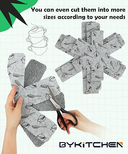 Miniatura 8 de BYKITCHEN Protectores de ollas y sartenes para apilar, juego de 9 y 3 tamaños, separadores de sartenes de fieltro para ahorrar espacio, protectores