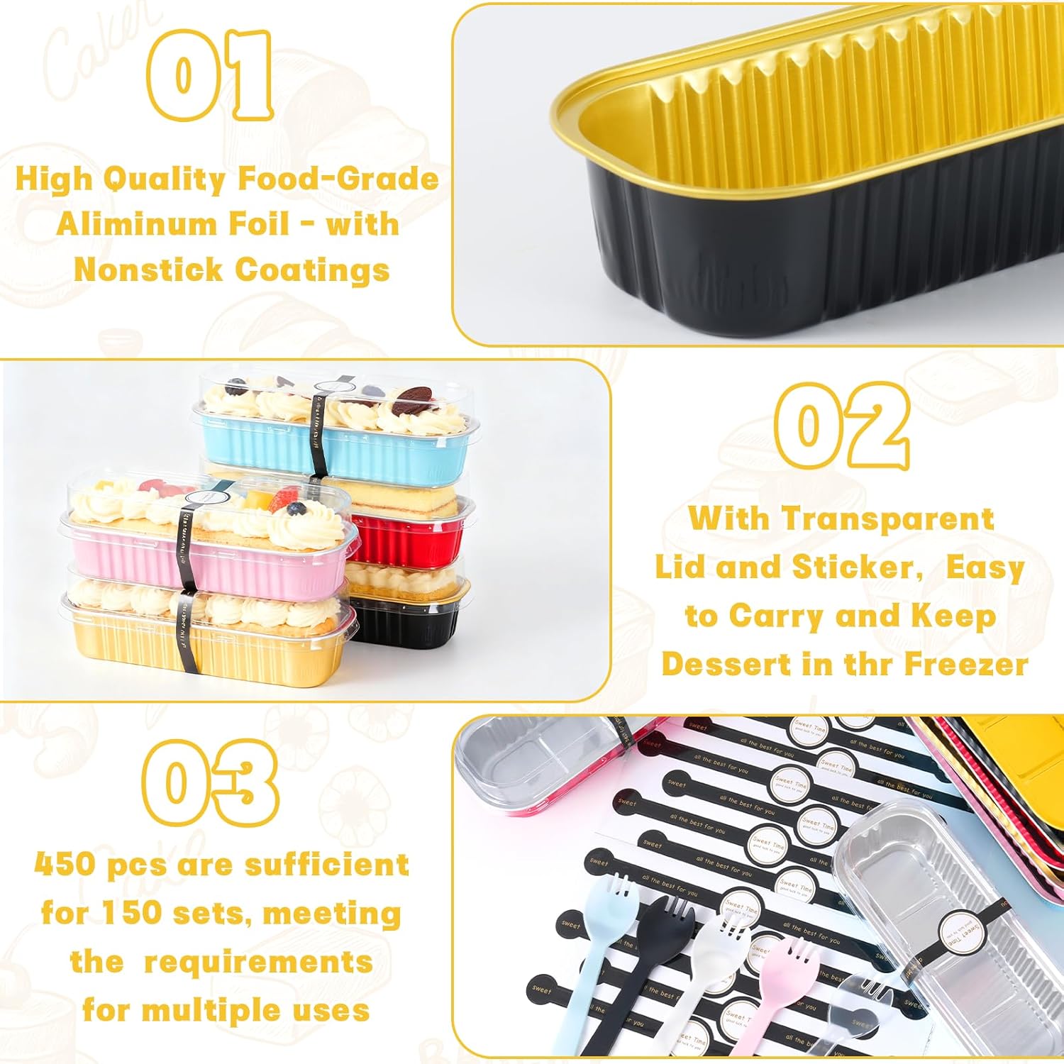 150 Pack Mini Loaf Pans with Lids and Spoons, 6.8oz Mini Cake Pans + Spoons + stickers Set, Small Cake Containers With Lids, Rectangular Aluminum Foil Baking Pans for Party (Multi-Color) - Image 3