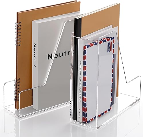 Miniatura 9 de Paquete de 2 soportes acrílicos para archivadores de revistas, organizador de escritorio, revistero, transparente, vertical, 9.45 pulgadas de