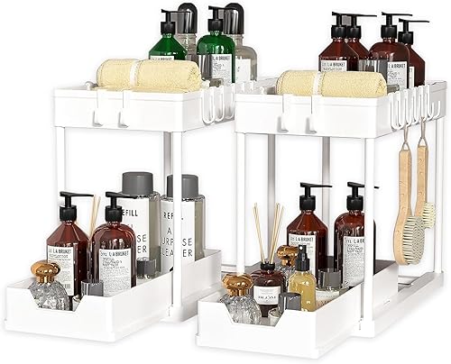 Paquete de 2 organizadores y almacenamiento deslizantes para debajo del fregadero, 2 niveles para cocina, baño, armario de almacenamiento extraíble