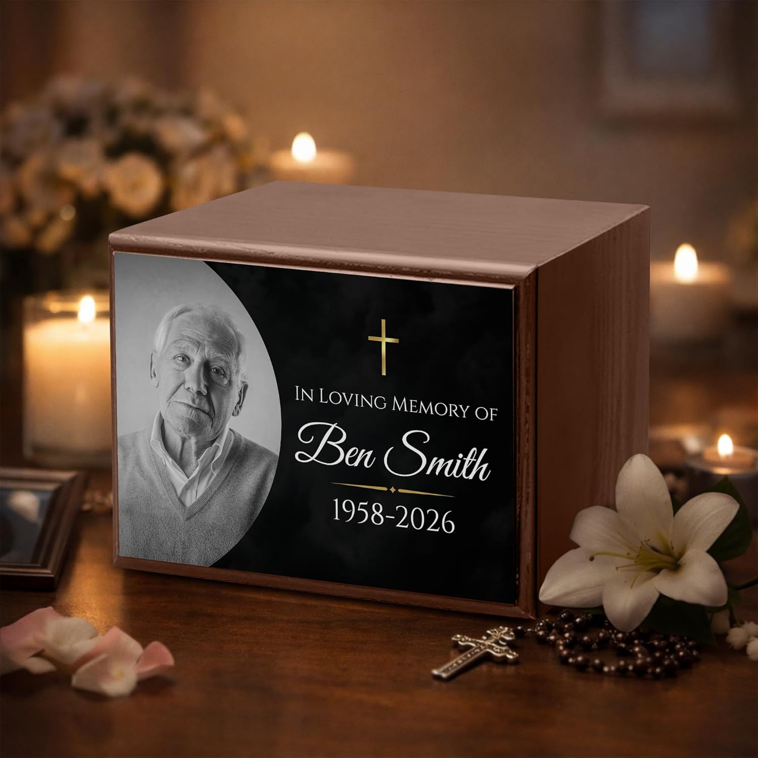 Personalized Wooden Urns for Human Ashes - Custom Cremation Urn for Adult up to 170 lbs - Add Your Photo and Text - Custom Burial Memorial Keepsake, Dark Walnut (Design 8) - Image 8