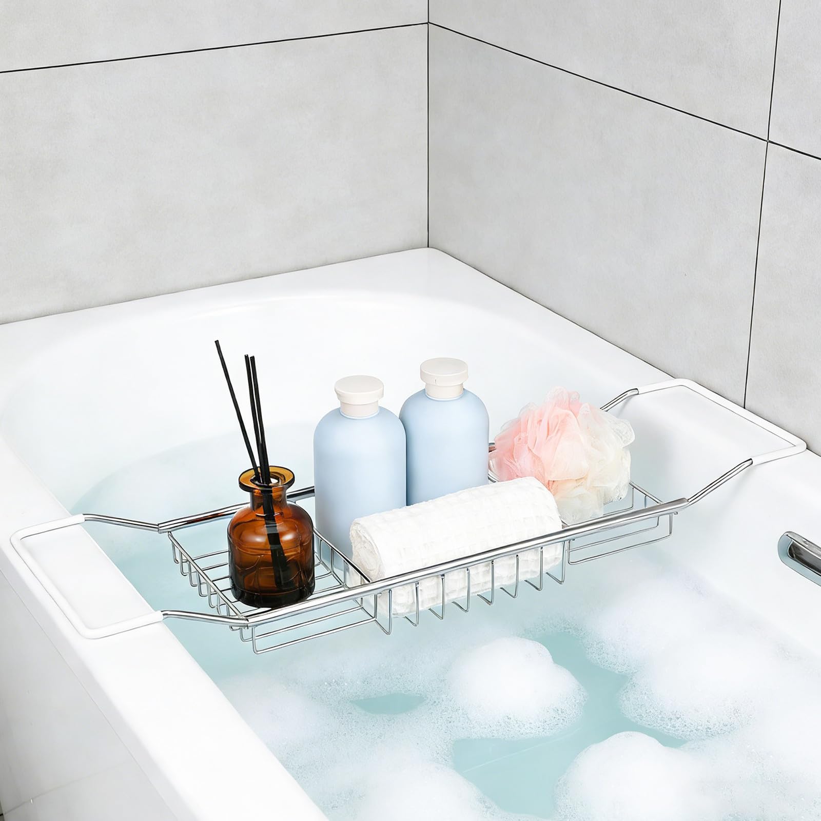 Bandeja de Baño Extensible de Acero Inoxidable Soporte Antideslizante para Bañera, Organizador para, Bebidas y Dispositivos, Adecuado para Uso en Bañeras, Plateado