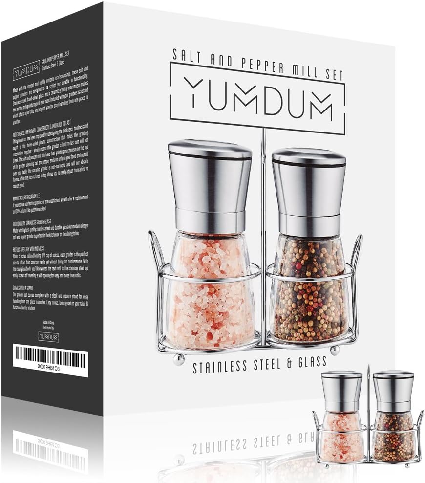 Premium Stainless Steel Salt and Pepper Grinders with Matching Stand- Salt and Pepper Glass Shakers - Spice Grinder with Adjustable Coarseness