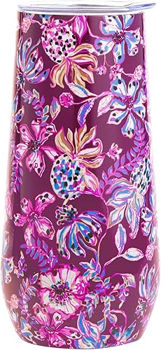 Lilly Pulitzer Flauta de champán sin tallo de 10 onzas, vaso pequeño de acero inoxidable con tapa, vaso de metal aislado de doble pared, cereza