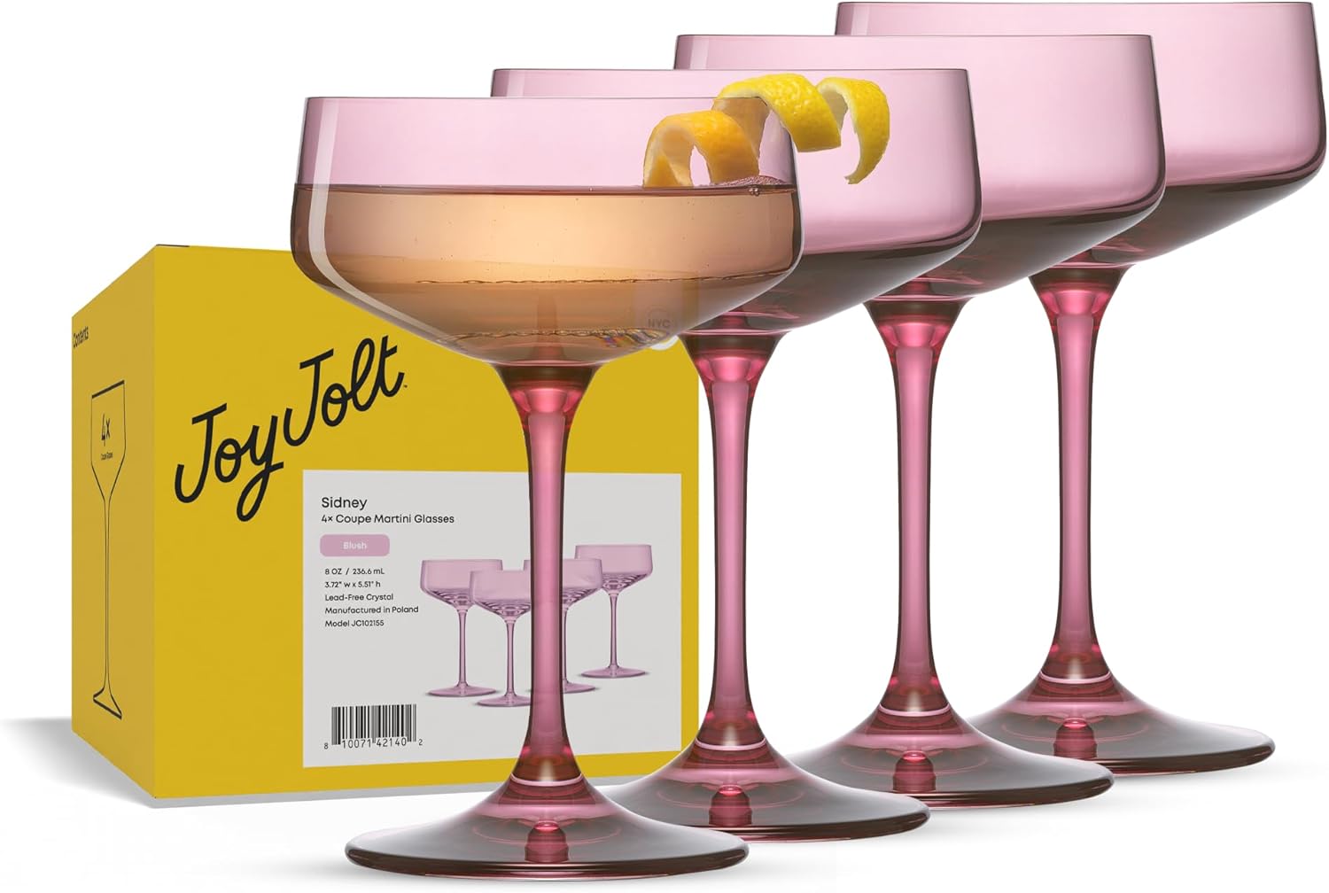 JoyJolt Sidney Cocktail Coupe Glasses Set of 4 | 8 oz Martini Glasses for Espresso Martini, Margarita, Champagne | Stemmed Bar Glass Set | Premium Crystal Made in Europe | Blush Pink Colored