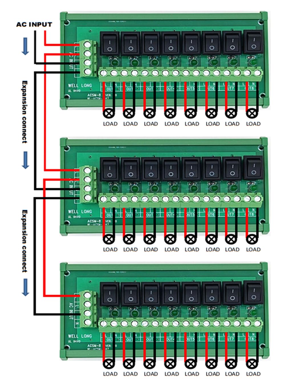 DIN Rail Mount 8 Channel Rocker Switch AC 125V 250V Power Distribution Strip Module