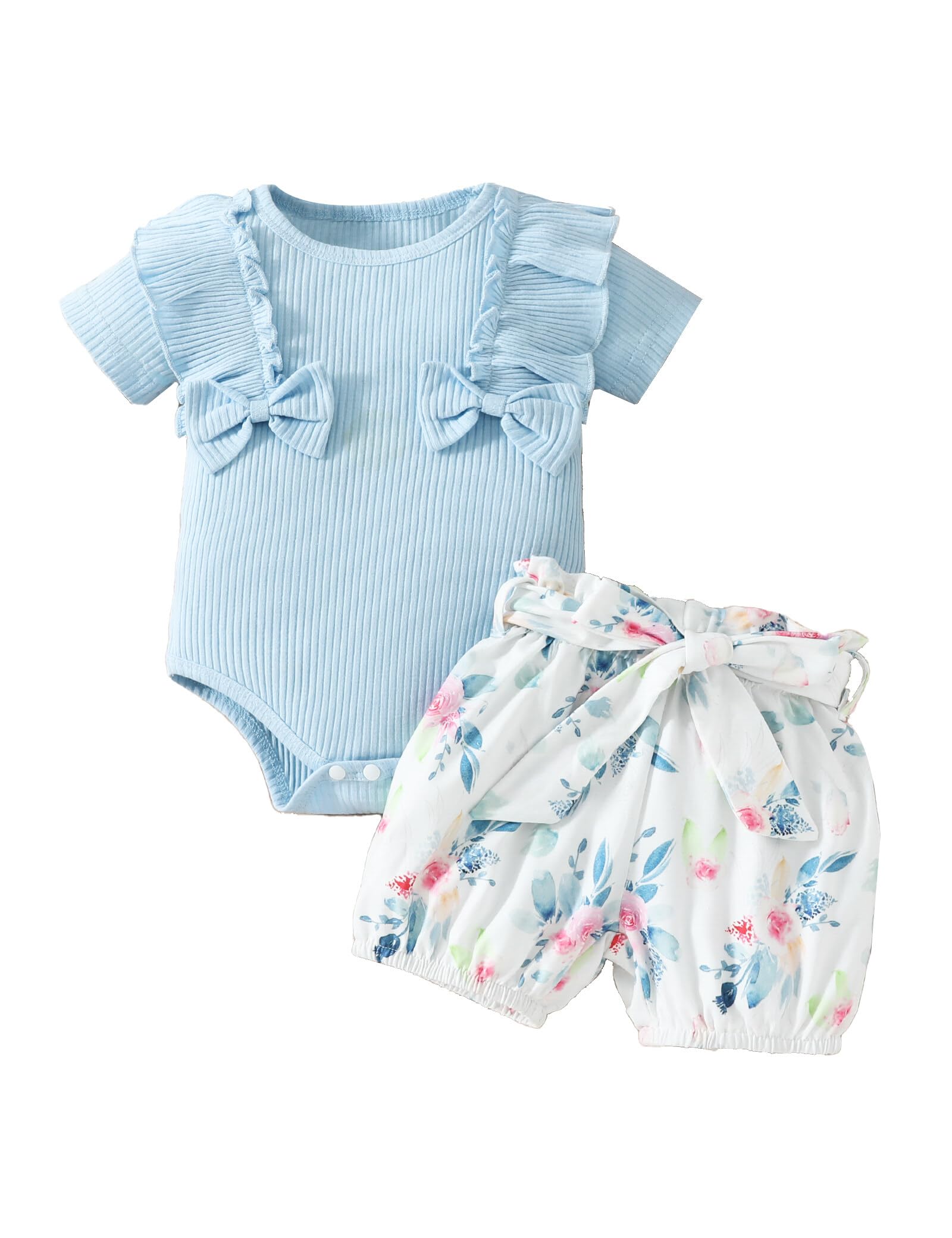 Borlai Bebé Niña Ropa de Verano Tops de Manga Corta con Volantes y Flores Pantalón Corto Bandeau 3Pcs Conjunto de Ropa de Bebé 0-18 Meses