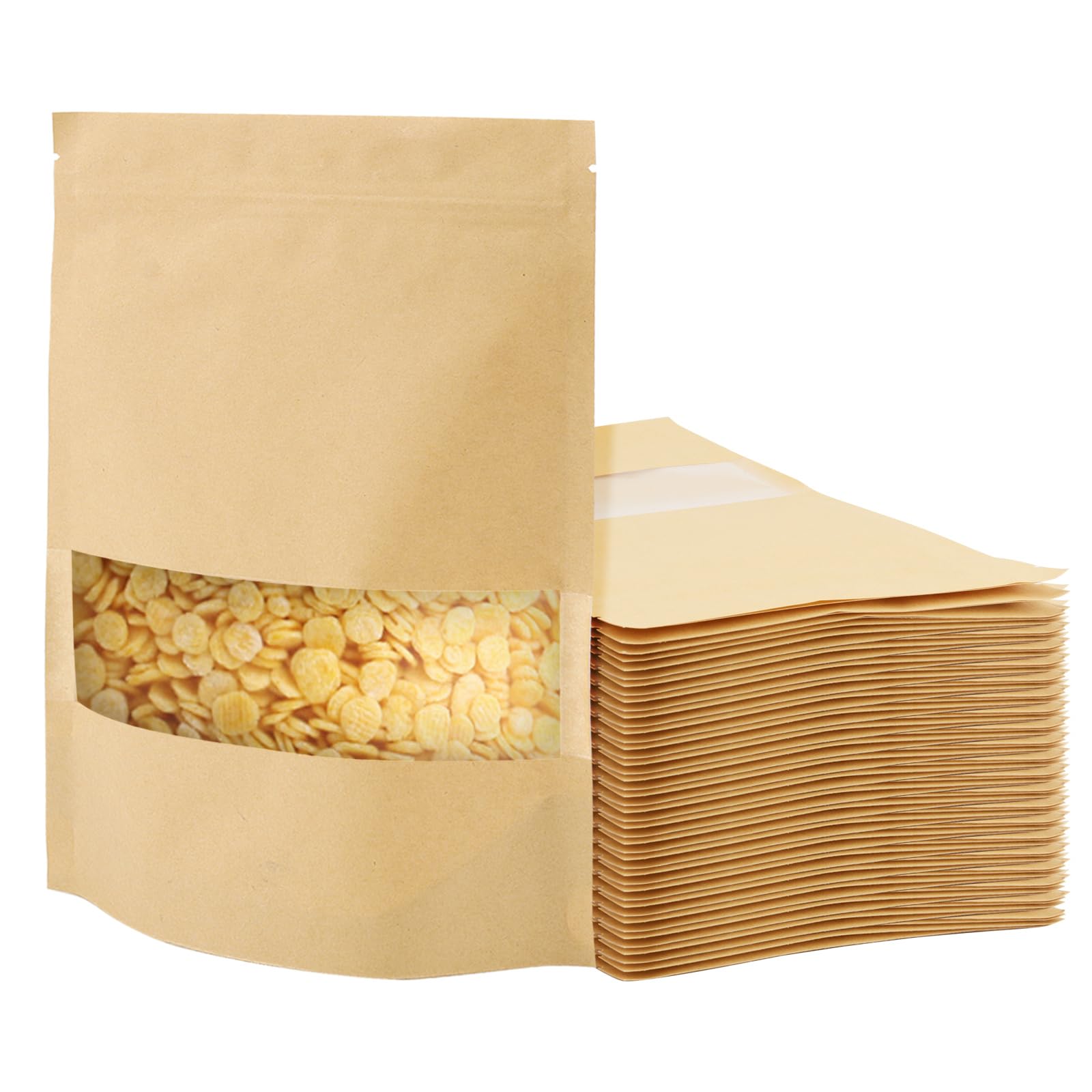 Lexinin Brown 200 Pcs Zip Lock With Window Bag, 22 X 16Cm Kraft Sealable Stand Up Pouches For Beans, Tea