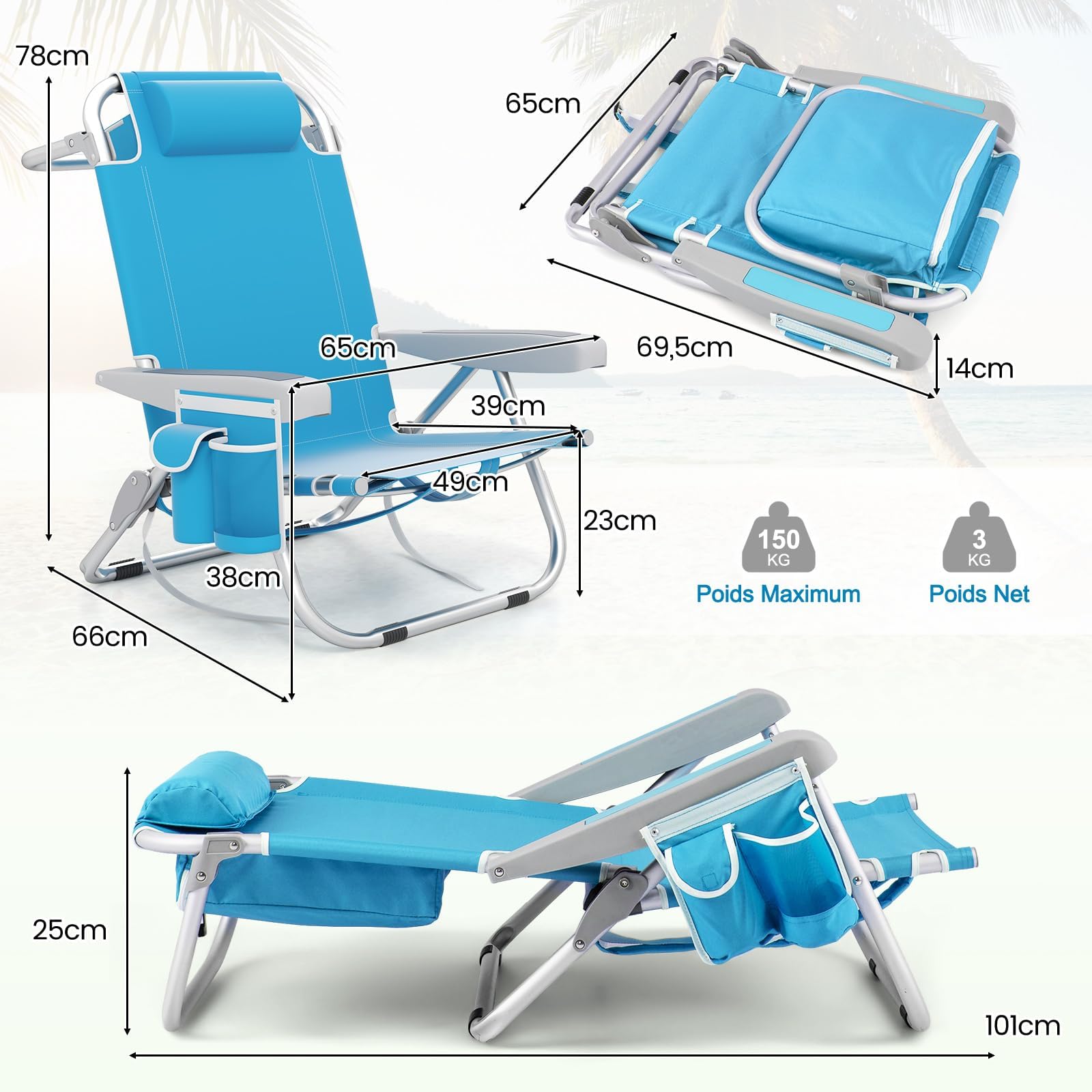 GOPLUS Chaise Plage Pliant pour Adulte, Camping Légère Portable en Alu., Dossier Réglable 5 Positions, Sangles Épaule,Sac Rangement, Porte-Serviettes,à Plat,Max.150KG (2, Bleu, 66 x 65 x 78 cm)
