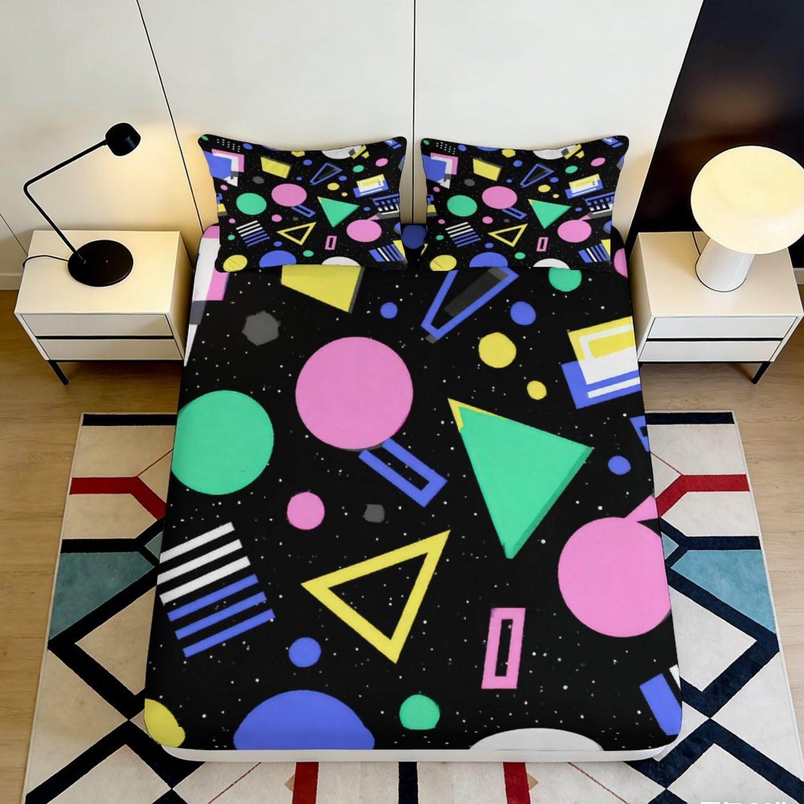 3D Printed Geometric Shapes Fitted Sheet Microfiber Colorful Abstract Bed Cover for Bedroom Dorm Decor 90x200x25cm